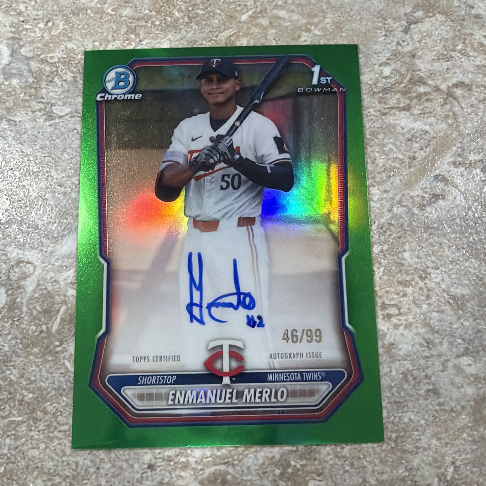 2026 Bowman Chrome Enmanuel Merlo 1st Auto Green Refractor /99 Twins CPA-EMER view 1