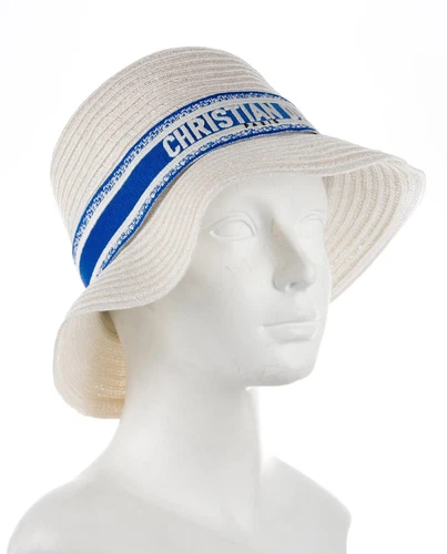 Chapeau seau blanc tissé bleu blanc logo imprimé taille M
