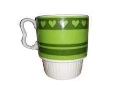 Vintage 70s Retro Green Hearts Ceramic Stackable Coffee Mug Tea Cup Japan SY