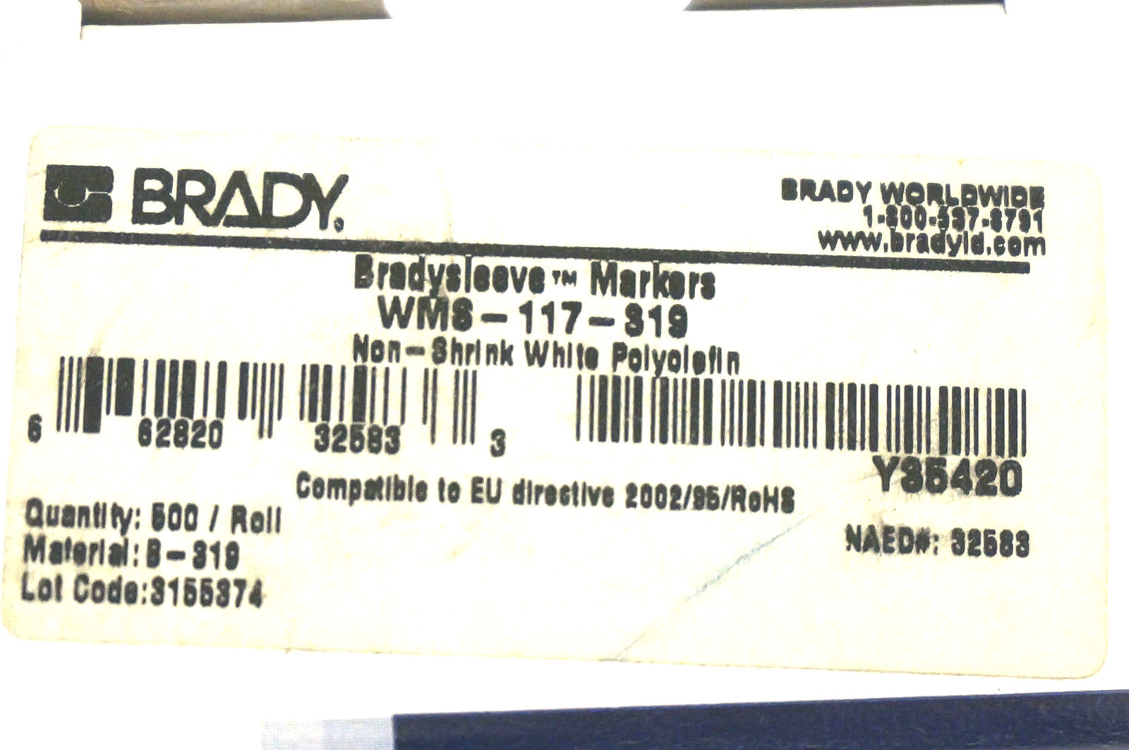 NEW BRADY WMS-117-319 BRADYSLEEVE MARKERS 500 / ROLL WMS117319