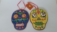 2 New Kurt Adler Day of Dead Sugar Skull Ornament Blue Yellow Fast Ship
