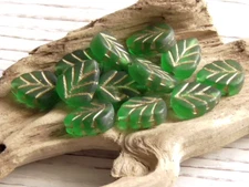 12 - 10x8mm CZECH TRANSLUCENT MATTE SPRING GREEN GOLD VEIN BIRCH LEAF GLASS BEAD