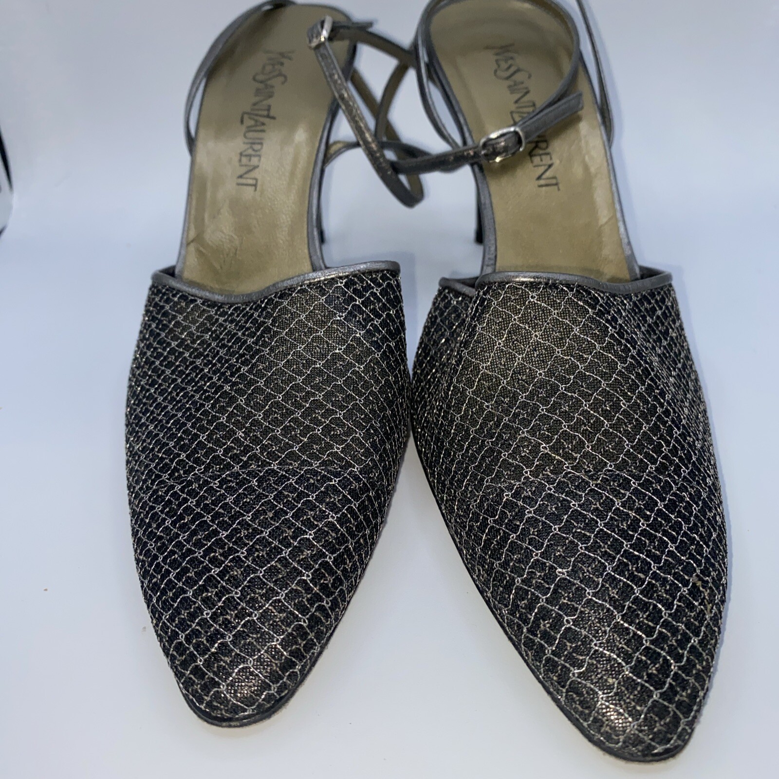 Decolte Yves Saint Laurent vintage anni 90 cinturino alla caviglia maglia metallizzata 10 YSL