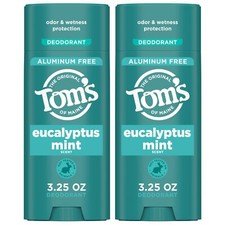 Tom's of Maine Eucalyptus Mint Natural Deodorant Pack of 2 Aluminum Free 6.5 oz