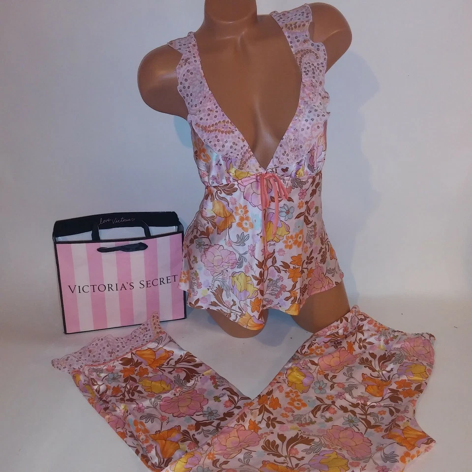 G1N с ярлыками Victoria Secret пижамы комплект Sleepwear камзол брюки атласный розовый или - Изображение 3 из 4