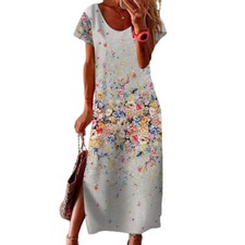 Women's Summer Floral Short Sleeve Tunic Dress Casual Crew Neck Long Maxi Dress