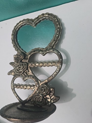 Vintage Heart Earring Holder Silver Mirror Tray Flowers Roses Cute Jewelry - Picture 3 of 4