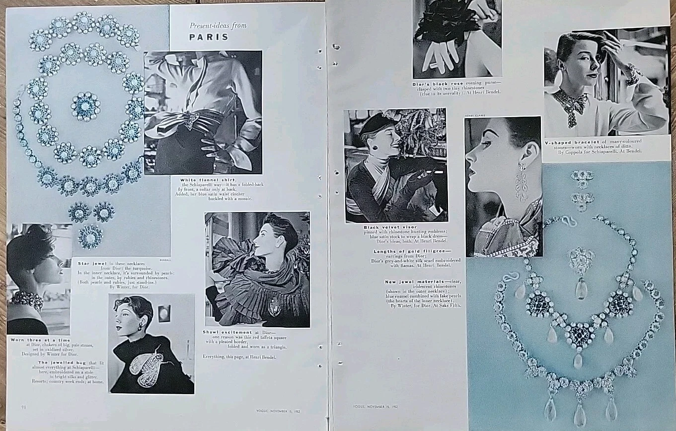 1952 Vêtements et bijoux Femme Dior Schiaparelli vintage clipping annonce