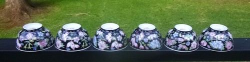 Vtg Jingdezhen Chinese 11.5cm Black Hand-Painted Coloured Floral Rice Bowls x 6 - Picture 2 of 13