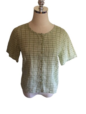Flax Linen Top Women's Size XS Green Plaid Line Short Sleeve Button Up Shirt NEW