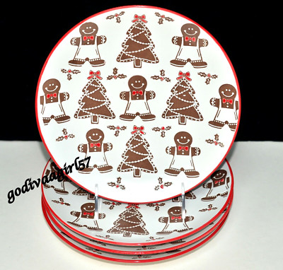 Eli + Ana Gingerbread Man Boy * 4 SALAD PLATES * Christmas, Trees Holly, NEW