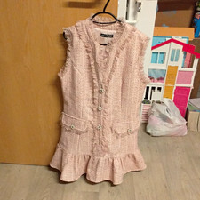 SHEIN Pink Tweed V-Neck Sleeveless Shift Short Dress L Lined Button Ruffle