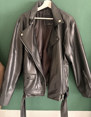 PULL&BEAR Bikerjacke aus Leder Schwarz Gr. L Unisex mit Reißverschluss