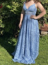 Women’s Blue Lace Floral V-Neck Spaghetti Strap Long Formal Gown S