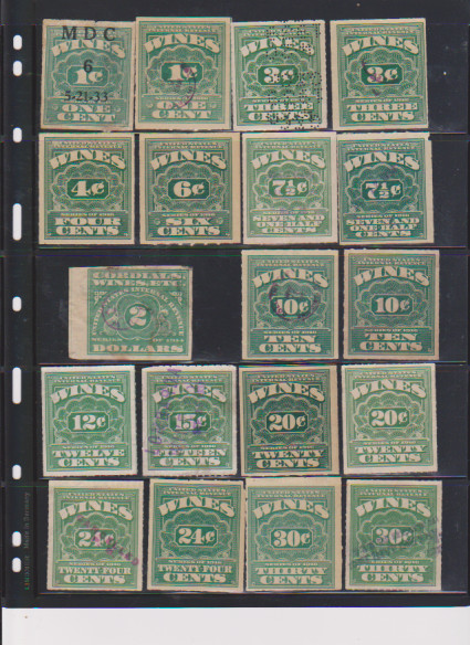 United States Internal Revenue Wines Tax Stamps 38 Stamps 1 cent to $9.60
