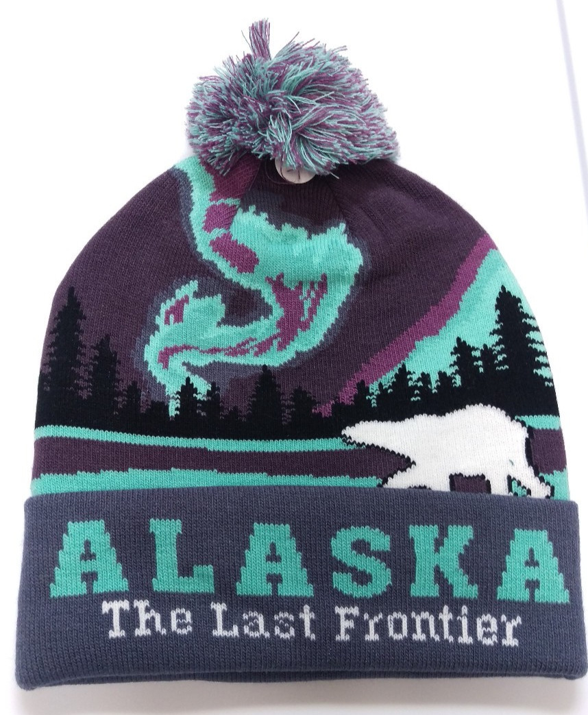 Alaska Hat Polar Wear Alaska beanie style Knit hat w Pom Pom Aurora & Polar Bear