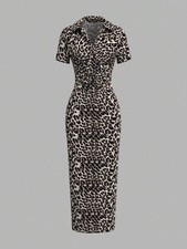 Ladies Elegant Leopard Print Bodycon Maxi Dress