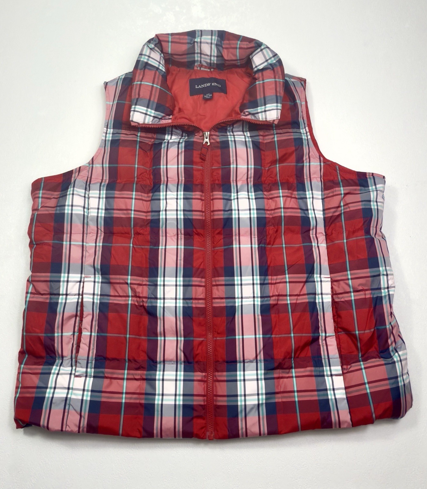 Lands End Vest Womens 2X Red Tartan Plaid Down Frathet Zip Front NWOT