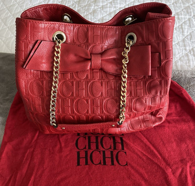 Carolina Herrera Red Shoulder Bag for Women with Bow and Logo Accent, Designer