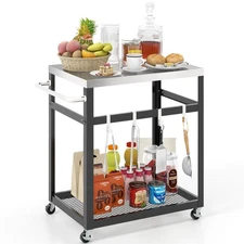 2-tier Stainless Steel Grill Cart w/ Wheels & Handle 4 Hooks Food Prepare Table