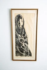 Mid Century Modern Art Print Figure Portrait Black White Sign Signed Mcm Wall