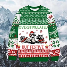 Overstimulated But Festive Raccoon Ugly Christmas Sweater Funny Animal Party