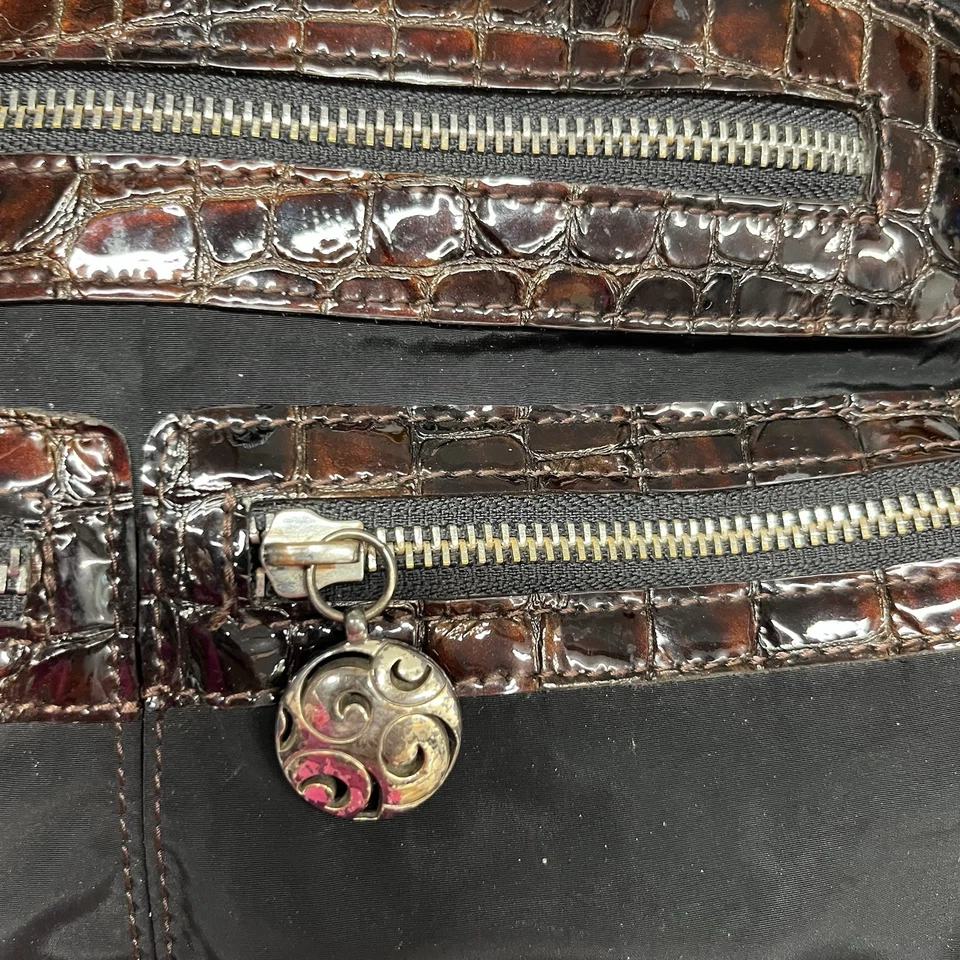 Brighton Nylon Patent Tote Shoulder Bag Purse Black Brown Croc Embossed Trim - Image 4 of 4