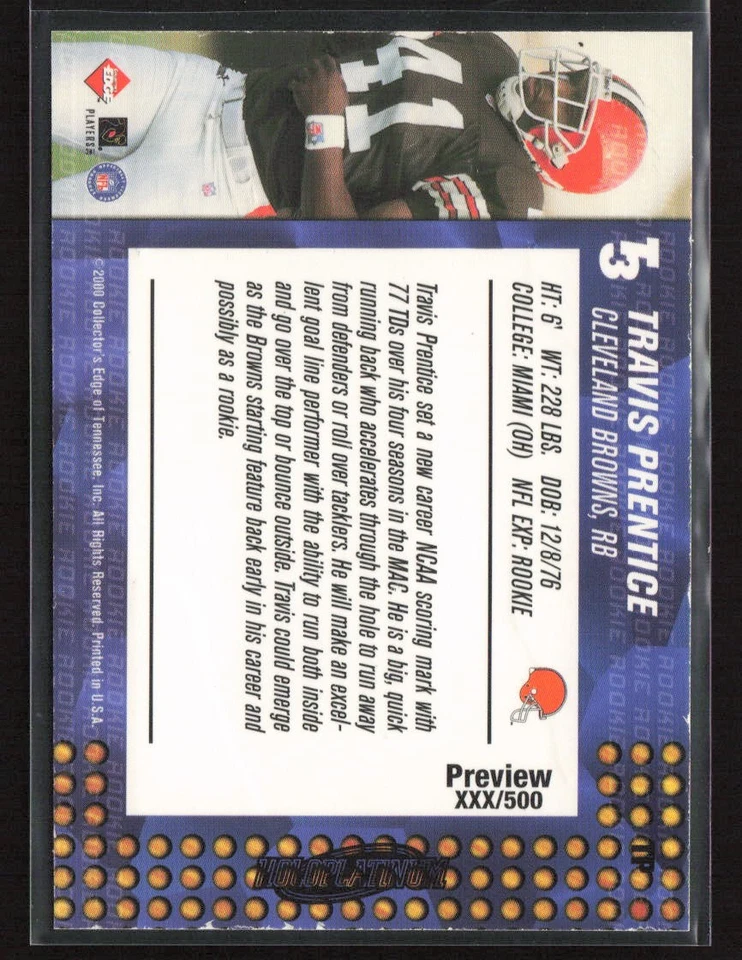 Travis Prentice 2000 Collector's Edge T3 #169 Preview /500 Cleveland Browns - Image 2 of 2