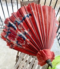 Vintage Hand Painted Parasol Umbrella Red Canvas Wood Frame Asian
