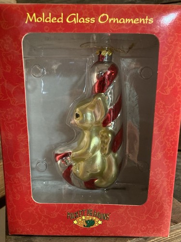 NOS 1998 Pocket Dragon On Candy Cane Molded Glass Ornament Real Musgrave - Picture 1 of 5