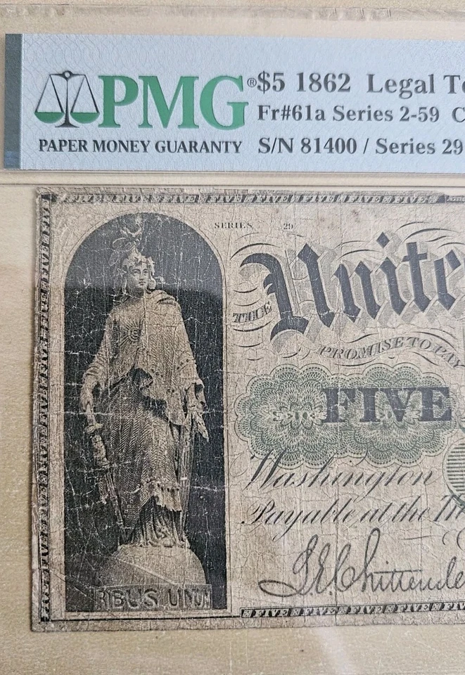 1862 $5.00 Legal Tender Alexander Hamilton F-12 PMG Fr. 61A Fine Problem Free - Image 3 of 4