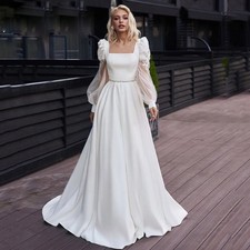 Simple A Line Wedding Dress Square Neck Puffy Sleeves Satin Applique Bridal Gown