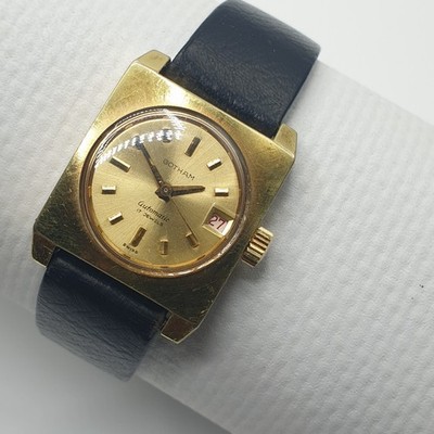 Gotham Lady Automatic 17 Jewels Vintage Perfect Square Vergoldet Swiss 1970 Leder