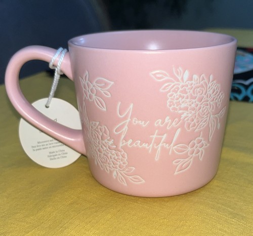 "You Are Beautiful" Rosa Weiß Blumen Keramik Kaffeebecher Teetasse Global Design - Bild 3 von 7