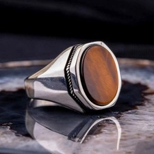 Men's Natural Tiger's Eye Ring 925 Sterling Silver Signet Ring Handmade Jewelry