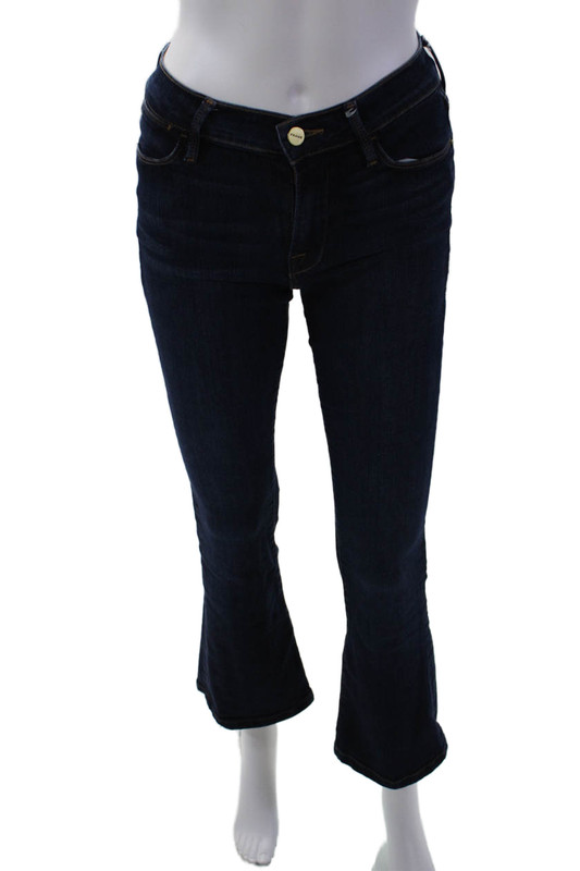 Frame Womens Cotton Le High Flared Leg Low Rise Jeans Dark Blue Size 24