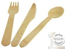 100 x WOODEN BIRCHWOOD CUTLERY SETS - 1x FORK / 1x KNIFE / 1x SPOON PARTYWARE