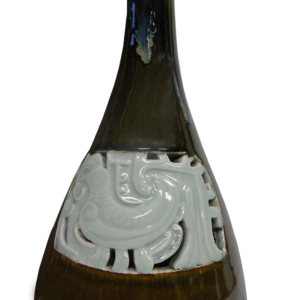Modern Handmade Long Neck Bottle Shape Vase Brown Gloss With Ancient Phoenix Graphic s1270S Modern Handmade Long Neck Bottle Shape Vase Brown Gloss With Ancient Phoenix Graphic s1270S