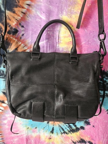 She + Lo Black Perforated 100% Leather Hobo Convertible Shoulder Handbag - Picture 6 of 14