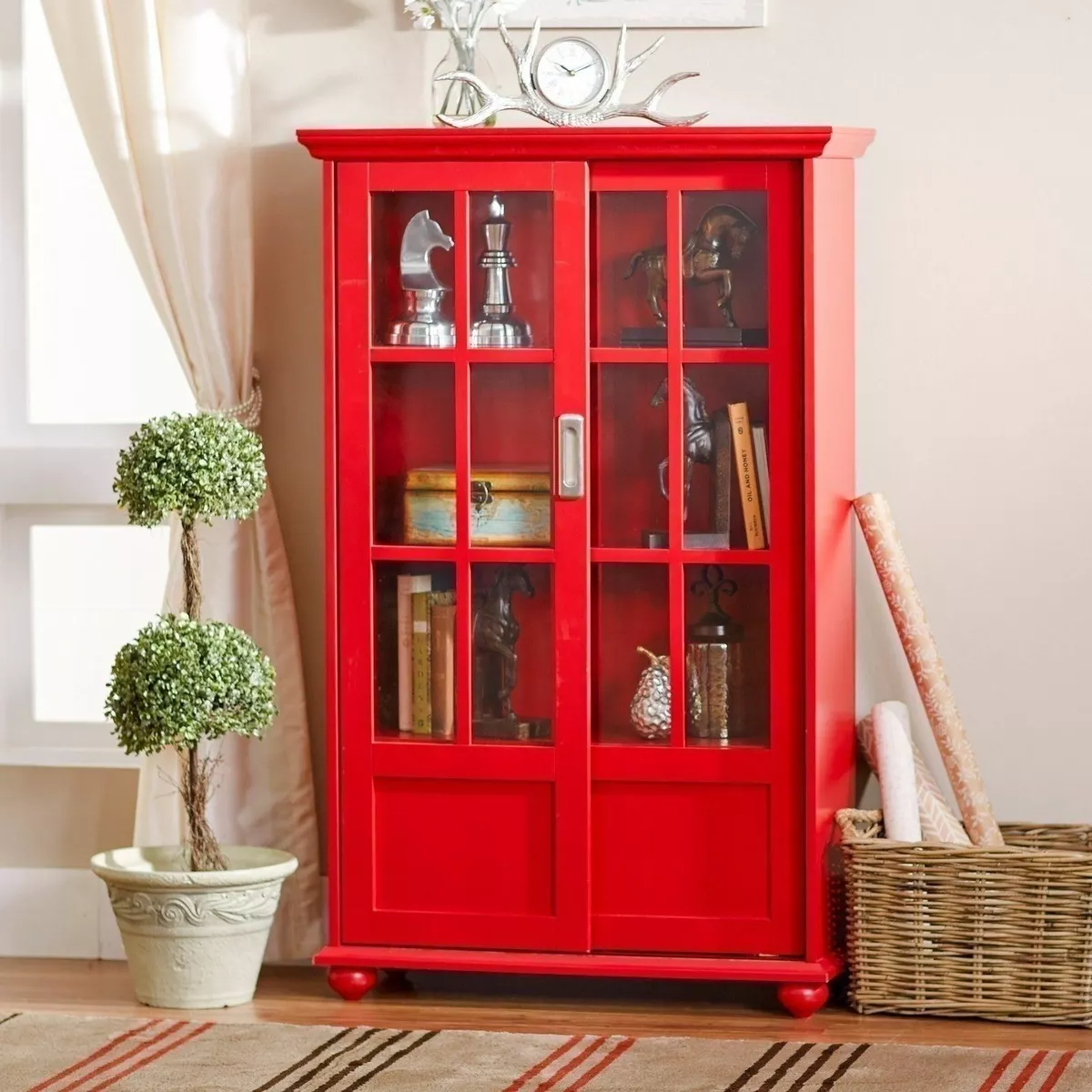 Red Barrister Glass Door Bookcase Bookshelf Wooden Cabinet Display