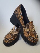 ASOS DESIGN Spicy Chunky Mid Heeled Loafers with Chain in Tan Snake Size 8 UK