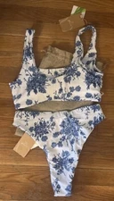 New BERLOOK 2 Piece Bathing suit Top Bottom Set High Hip Blue Floral Bikini NWT
