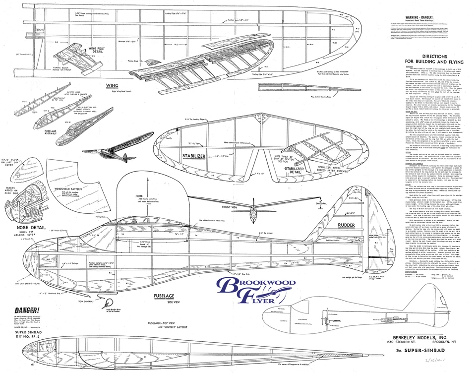 Berkeley SUPER SINBAD PLAN & PARTS PATTERNS For a 62" Rudder RC Model Airplane - Image 2 of 4
