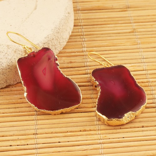Agate Slice Gold Electroplated Statement Drop Dangle Earrings Birthday Gift Her - Picture 16 of 17