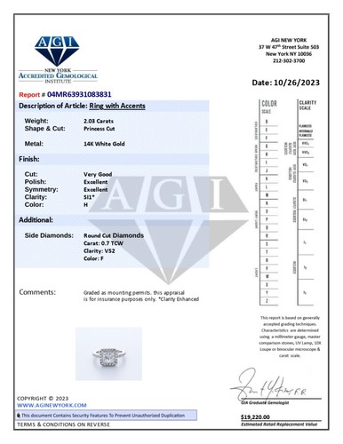 NATÜRLICHER DIAMANT H/SI1 PRINZESSSCHLIFF 14 K WEISSGOLD 4 KRAPPEN HALO AKZENT RING 2,7 KT - Bild 5 von 7