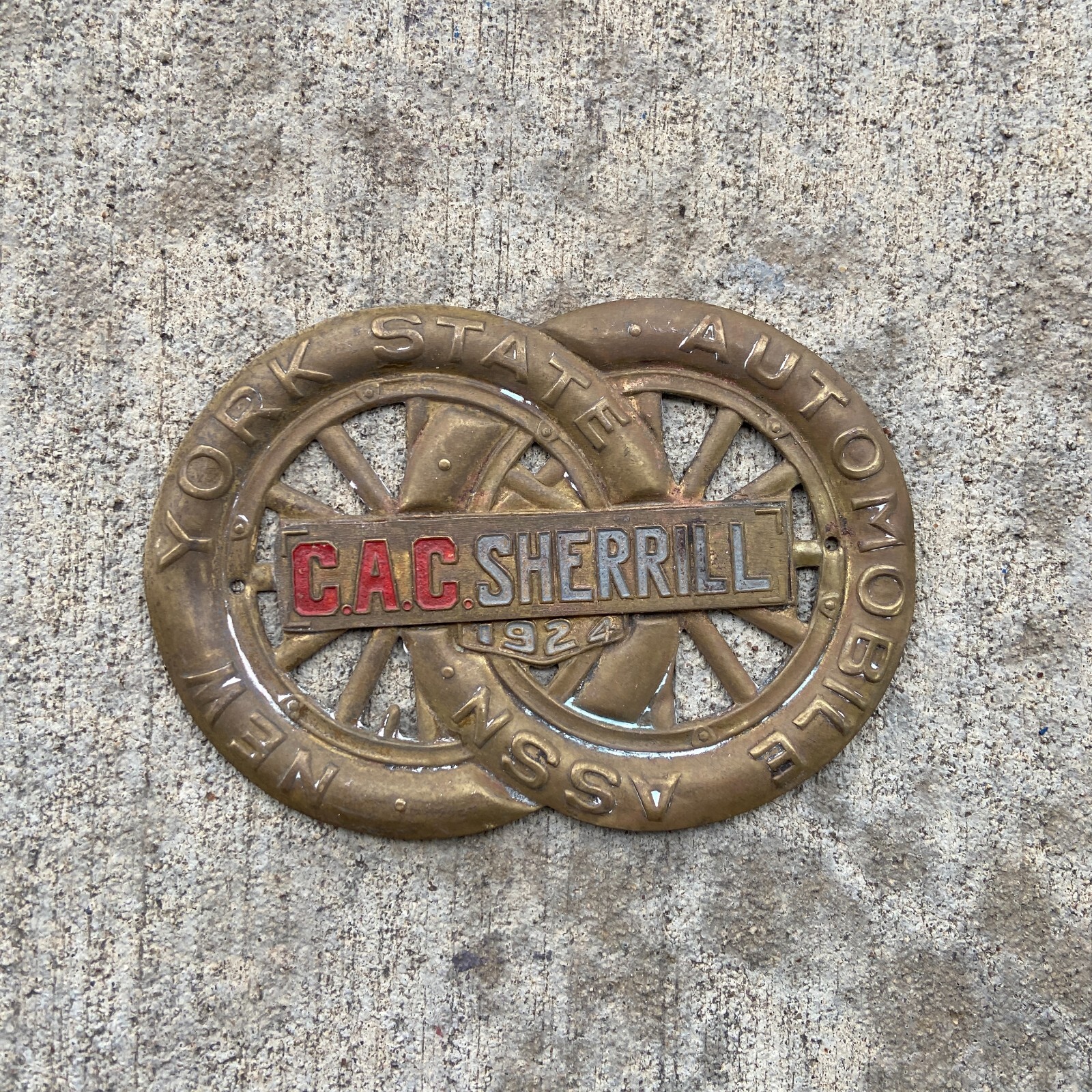 1924 CAC Sherrill New York AAA Brass Car Badge License Plate Topper
