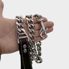 Stainless Steel Dog Leash Dogs Chain 19mm Cuban Chain Pets Genuine Leather