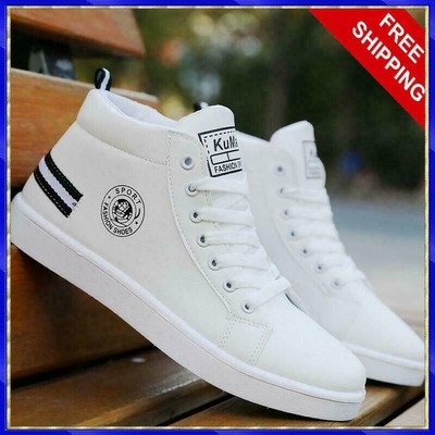 Zapatos Casuales Blancos Para Hombre Zapatillas De Cuero Moda Deportivos  Cómodas | eBay