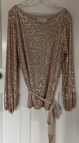 STUNNING GINA BACCONI ROSE GOLD SEQUINNED LONG SLEEVED TOP - SIZE LARGE - NEW
