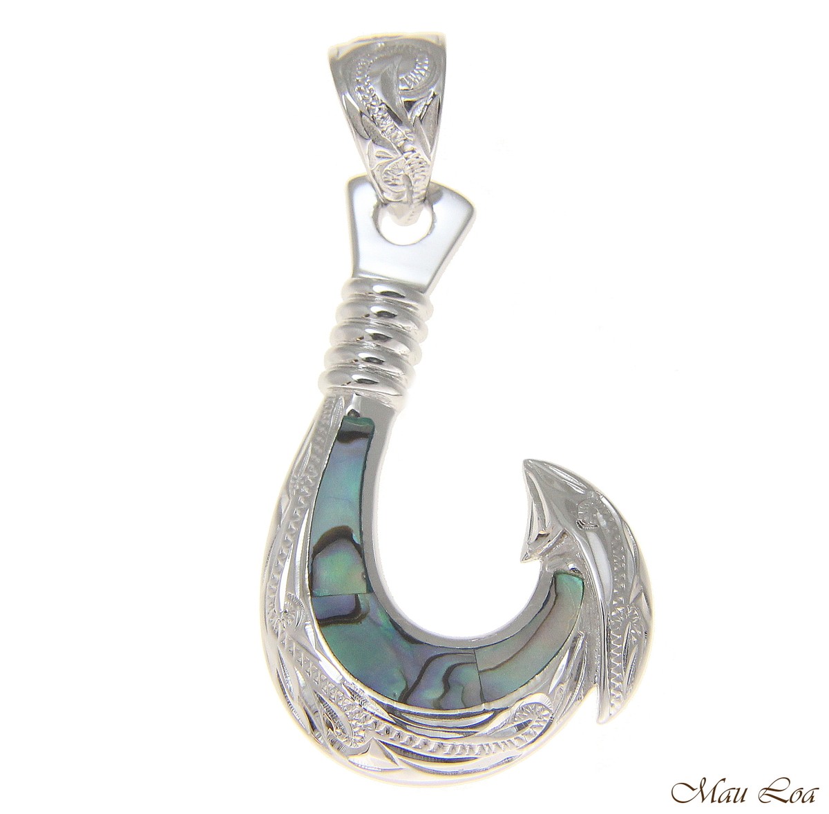 925 Sterling Silver Hawaiian Fish Hook Abalone Paua Shell Pendant S M L